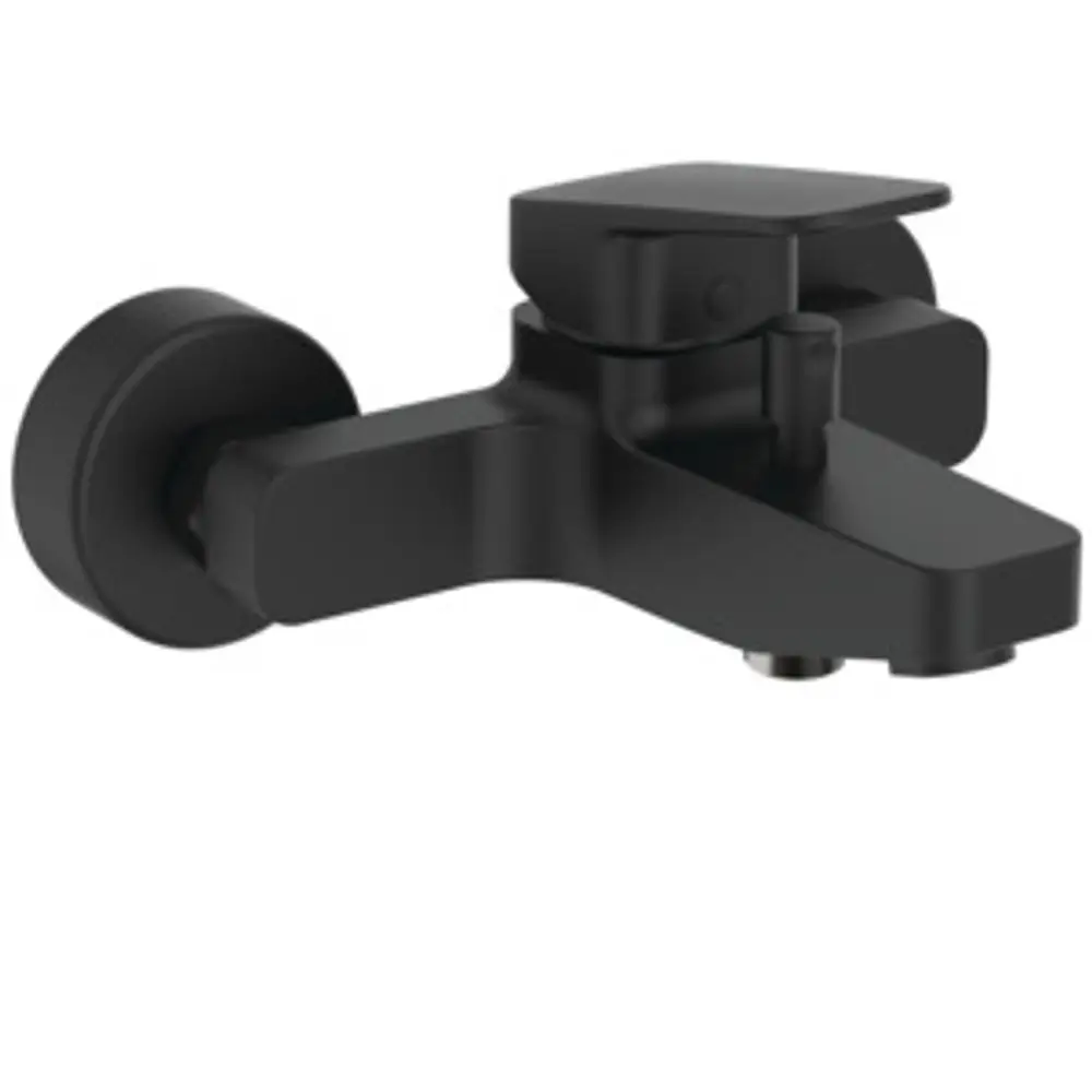 Schwarze Badearmatur von Ideal Standard mit einem klaren, minimalistischen Design. Die Armatur besitzt einen Hebel zum Einstellen der Wassertemperatur und -menge.